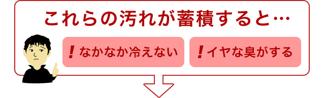 これらの汚れが蓄積すると・・・ なかなか冷えない イヤな臭いがする