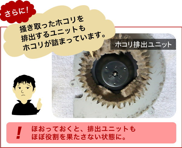 掻き取ったホコリを排出するユニットもホコリが詰まっています。ほおっておくと、排出ユニットもほぼ役割を果たさない状態に。